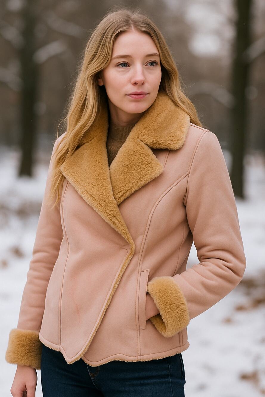 Donna Karan New York Cream Pink Faux Fur Suede Shearling Trim Jacket M